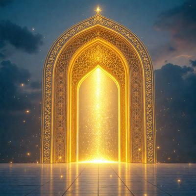 The primary subject of the image is a large, ornate, golden doorway with a beautifully designed archway. The setting is a white, shiny, and reflective surface, which adds to the overall visual style. The doorway is depicted in a digital art or illustration format, giving it a unique and intricate appearance. The colors and mood of the image are predominantly golden and bright, creating a sense of warmth and grandeur.